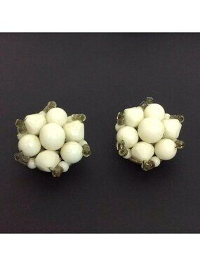 White Beaded Cluster Clip Earrings Church Lady Grandma Vintage 40s 50s